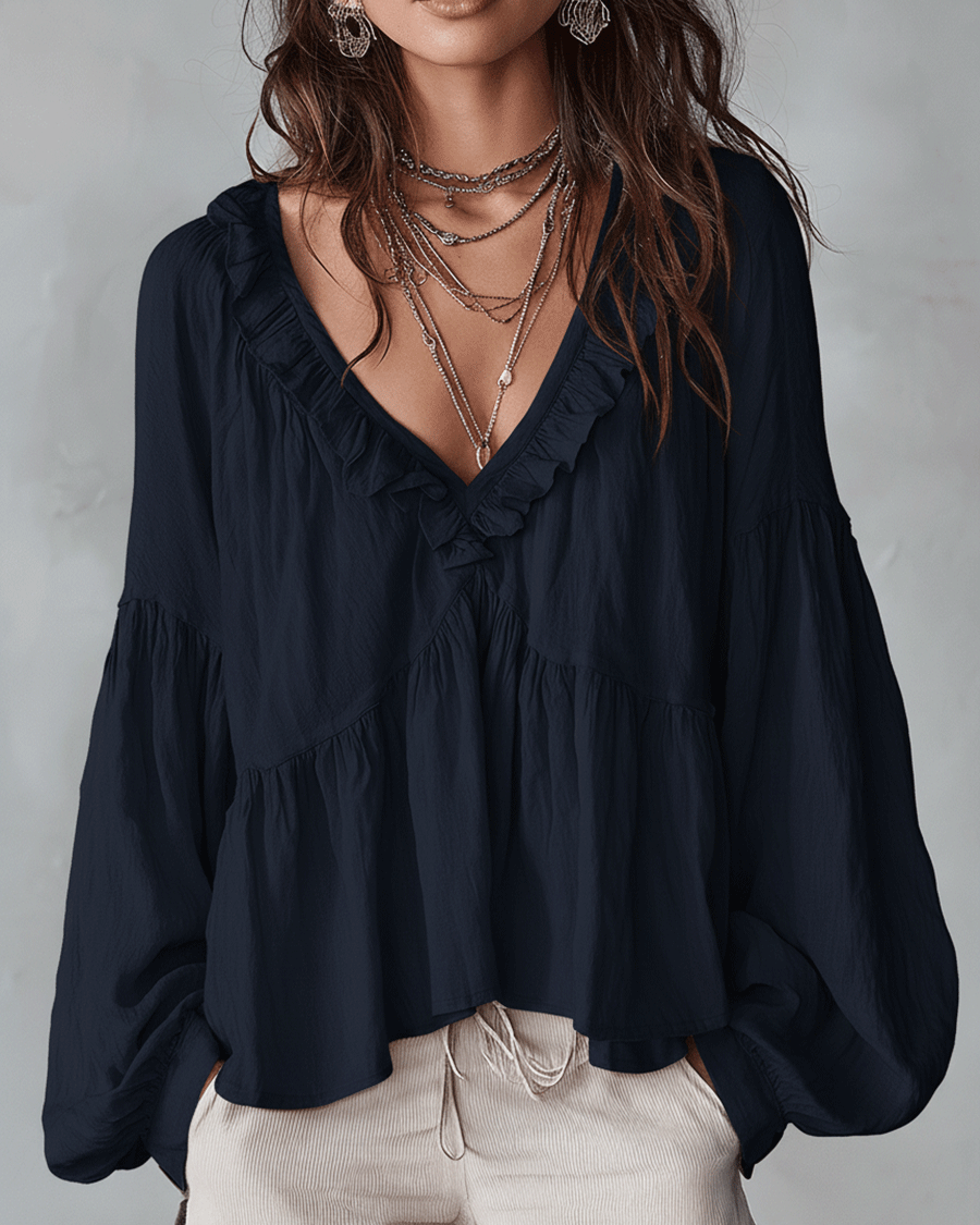 Damen Luftige, vintage-inspirierte Boho-Bluse mit weichen Rüschen - Marineblau - Damen > Blusen - Concept Fashionlab