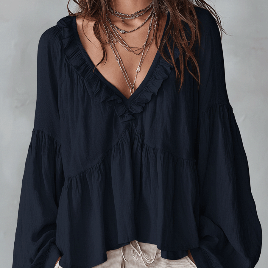 Damen Luftige, vintage-inspirierte Boho-Bluse mit weichen Rüschen - Marineblau - Damen > Blusen - Concept Fashionlab