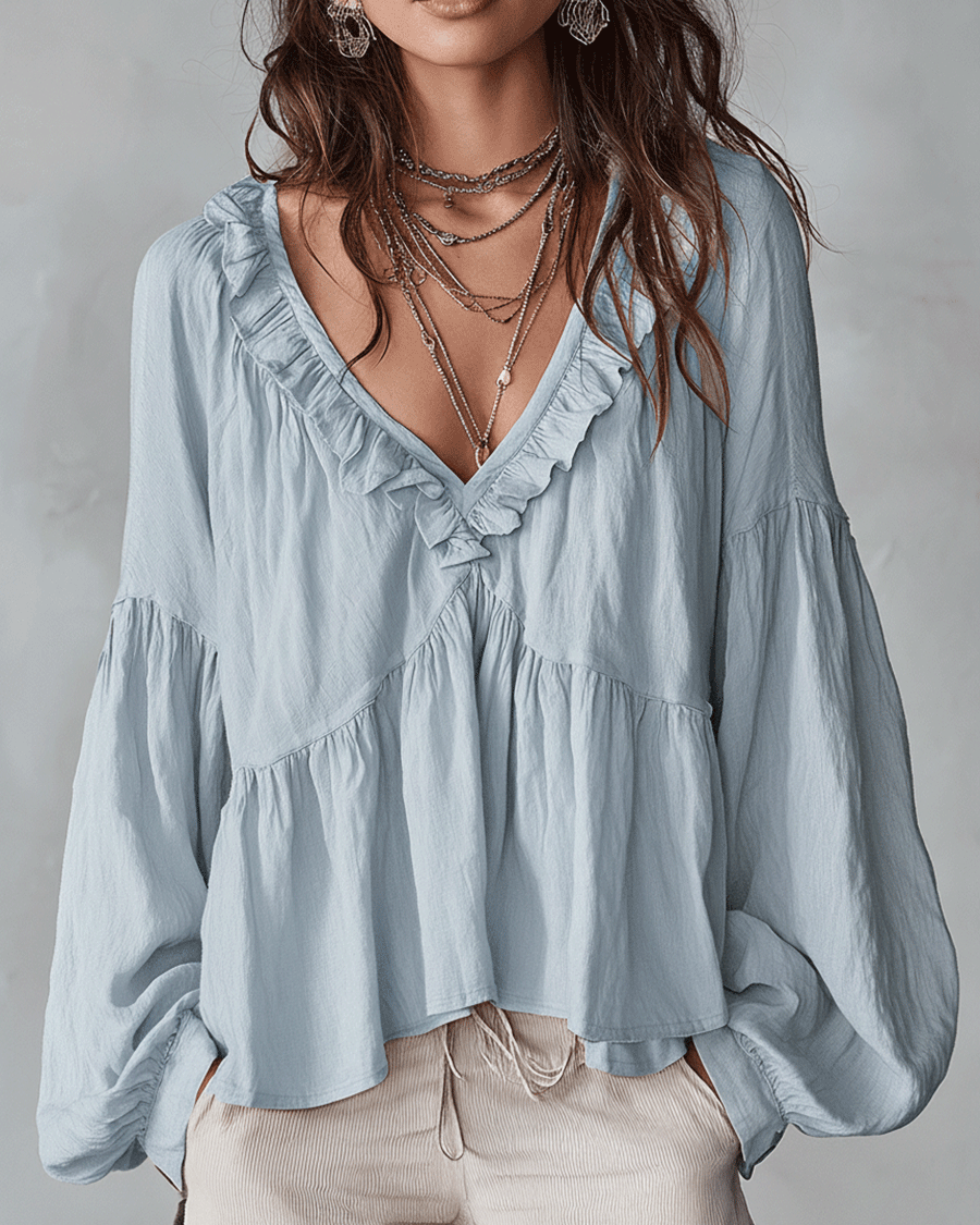 Damen Luftige, vintage-inspirierte Boho-Bluse mit weichen Rüschen - Blau - Damen > Blusen - Concept Fashionlab