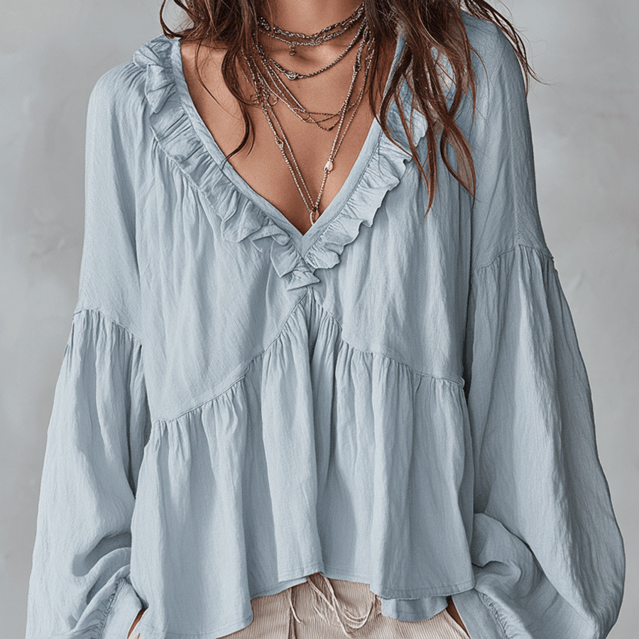 Damen Luftige, vintage-inspirierte Boho-Bluse mit weichen Rüschen - Blau - Damen > Blusen - Concept Fashionlab
