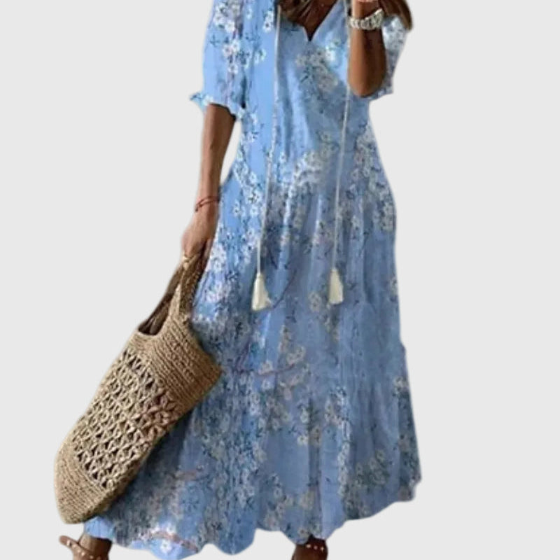 Amalia | Boho Vintage Sommer Maxikleid - Hellblau - - Cow Clothing