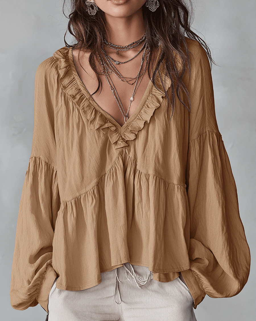 Damen Luftige, vintage-inspirierte Boho-Bluse mit weichen Rüschen - Khaki - Damen > Blusen - Concept Fashionlab