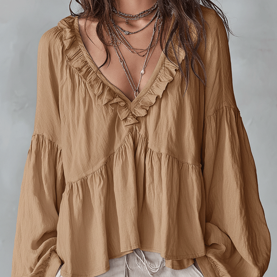 Damen Luftige, vintage-inspirierte Boho-Bluse mit weichen Rüschen - Khaki - Damen > Blusen - Concept Fashionlab