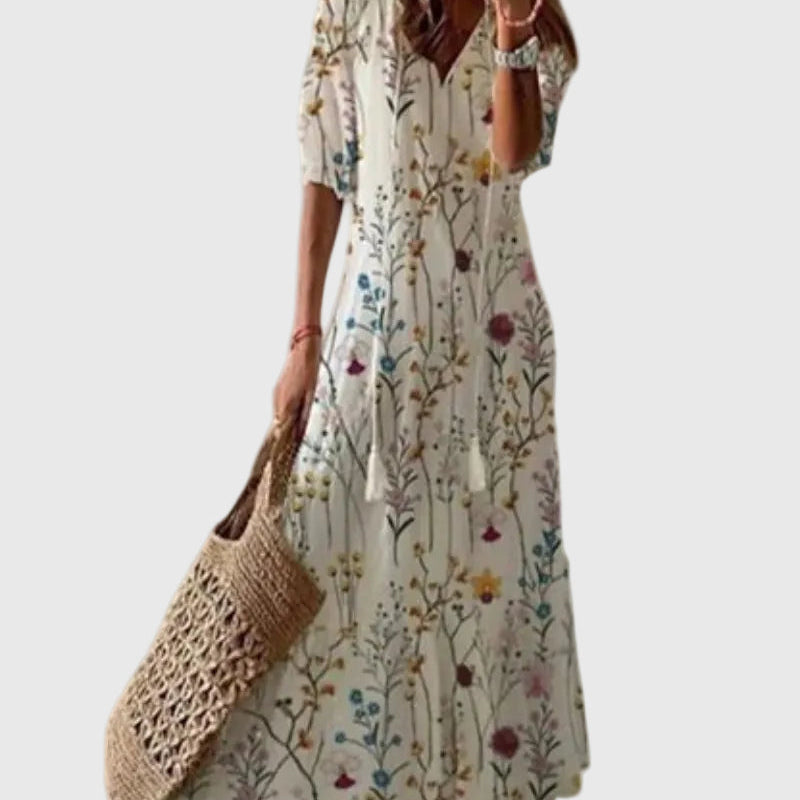 Amalia | Boho Vintage Sommer Maxikleid - Blumenmuster - - Cow Clothing