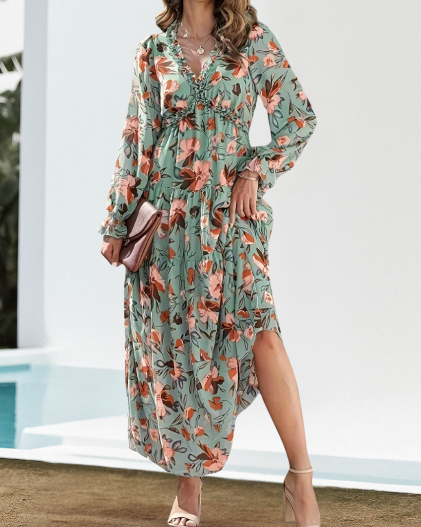 Juliana – Elegantes Blumenkleid - Grün - - Cow Clothing