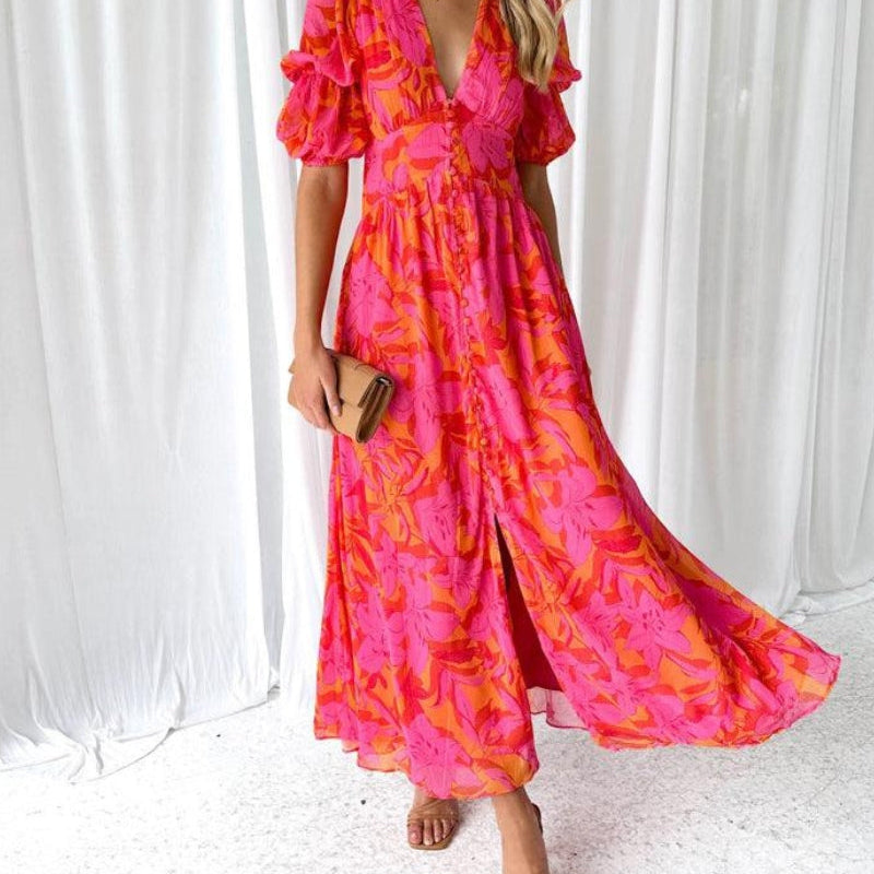 Clara – Zeitloses V-Ausschnitt-Maxikleid mit schicken Puffärmeln - Rot - Maxi Dress - Concept Fashionlab