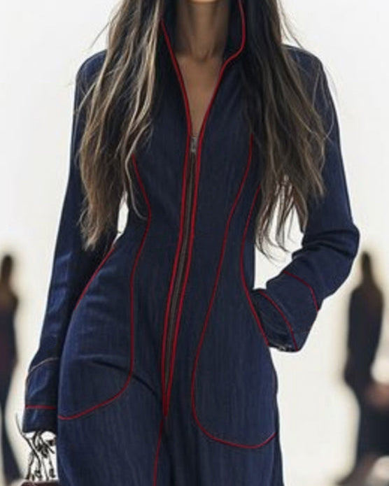 Overall mit Langarm, weitem Bein, Reißverschluss und Stehkragen - - Jumpsuits - Concept Fashionlab