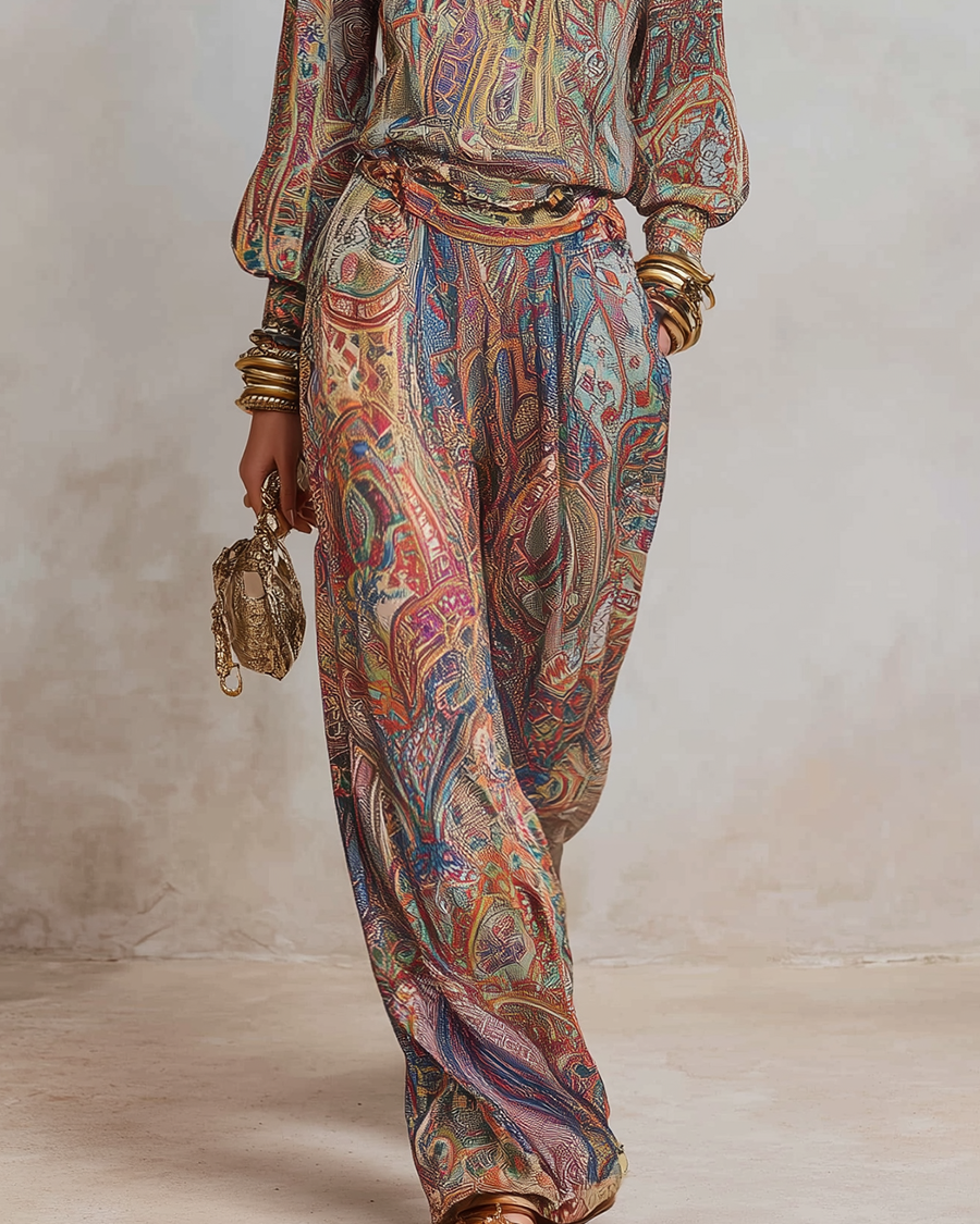 Exquisiter Paisley-Muster-Hosenanzug mit weitem Bein - - Set - Concept Fashionlab