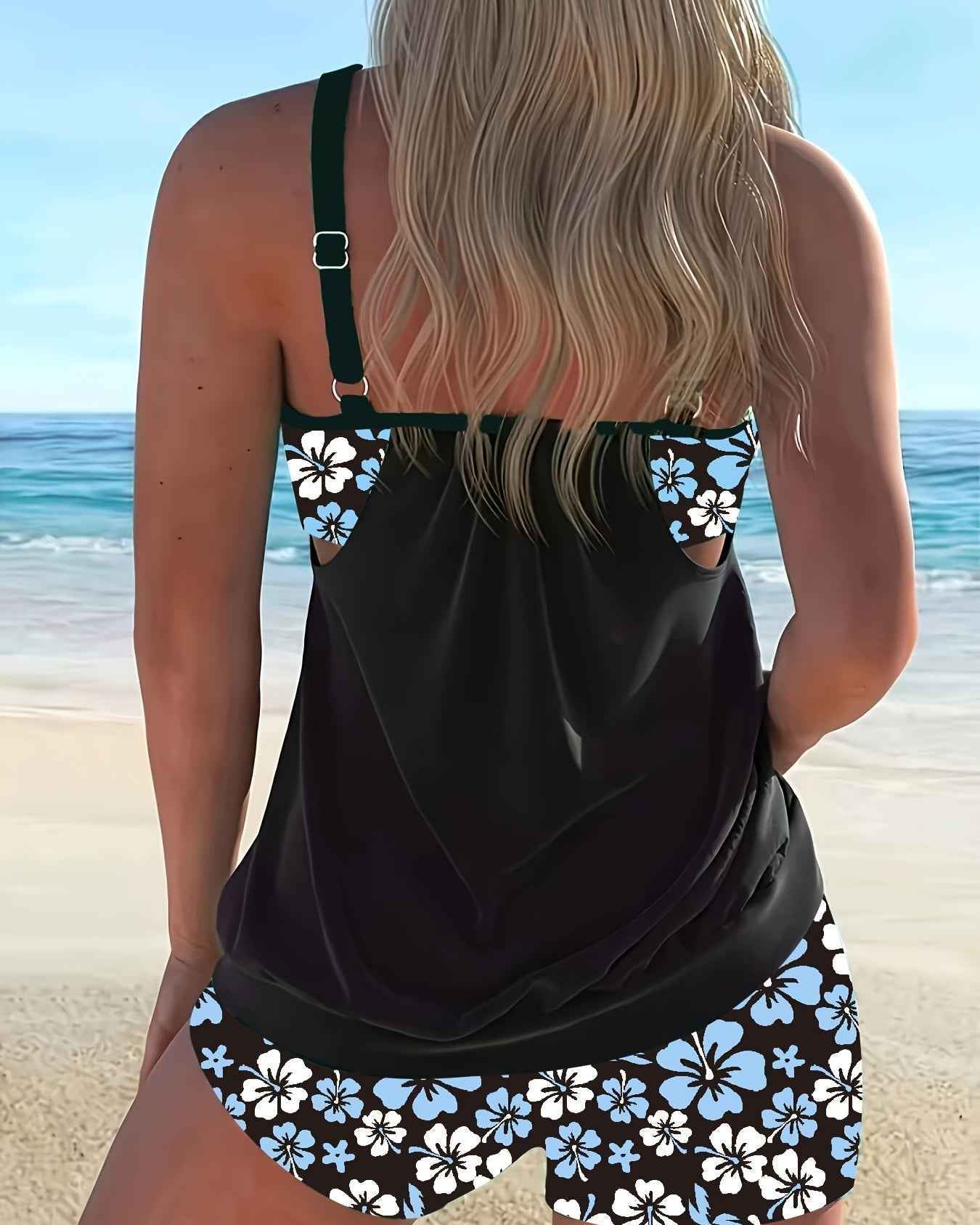 Isabella Tankini-Set mit blauem Blumenmuster – elegantes zweiteiliges Strand-Badeoutfit