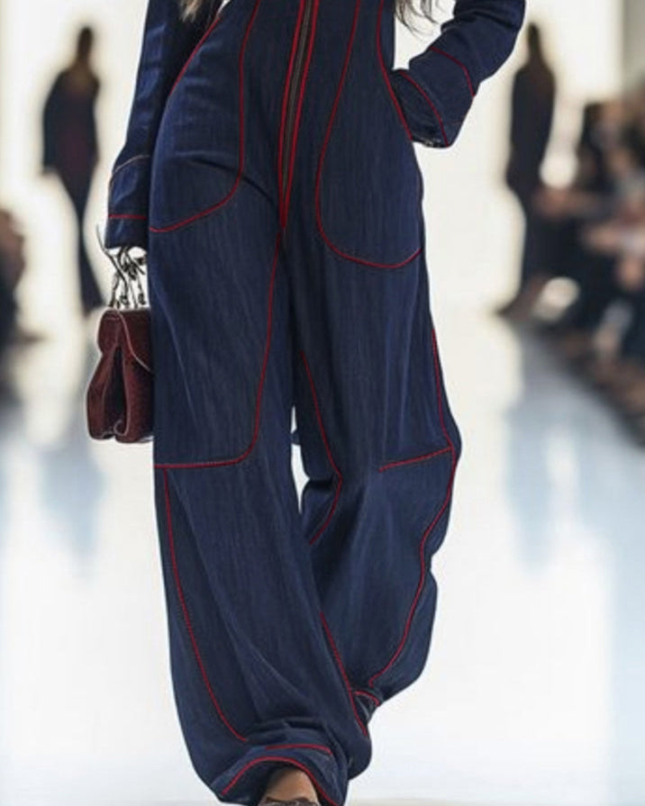 Overall mit Langarm, weitem Bein, Reißverschluss und Stehkragen - - Jumpsuits - Concept Fashionlab