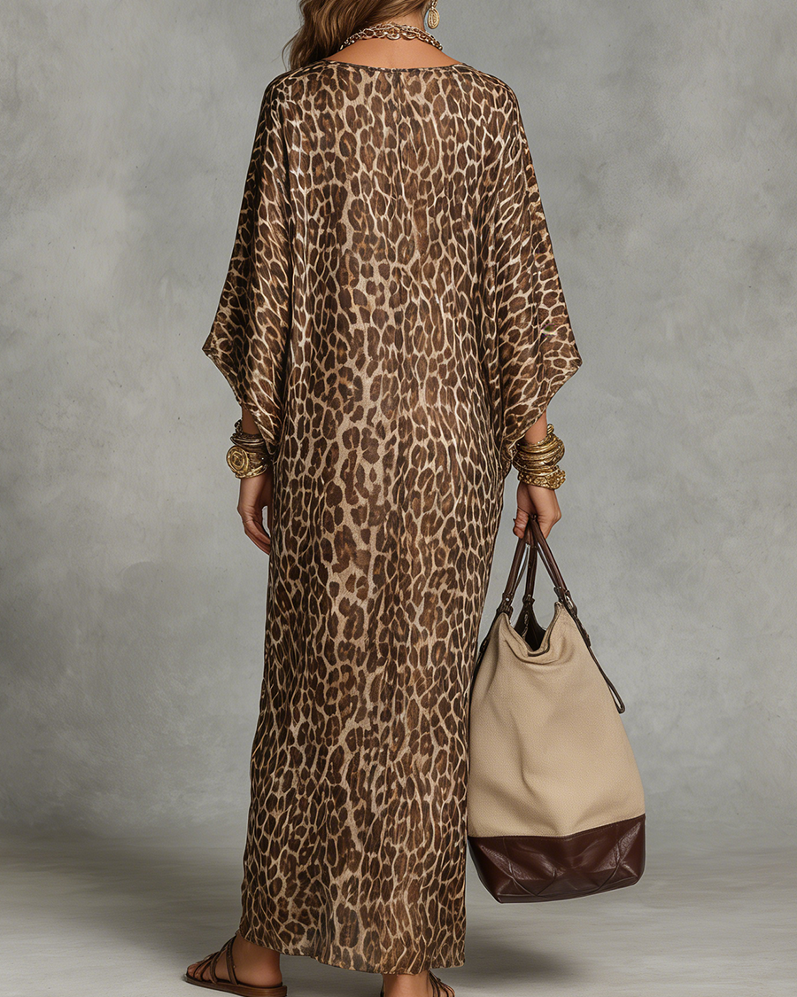 Gehobenes Maxi-Kleid mit Leopardenmuster und verdrehtem Vorderteil - - Maxi Dress - Concept Fashionlab
