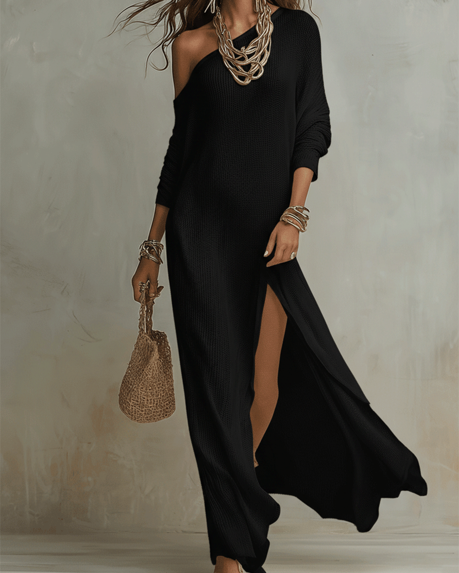 Boho-Einschulter-Maxikleid mit Textur in zartem Elfenbein - - Maxi Dress - Concept Fashionlab