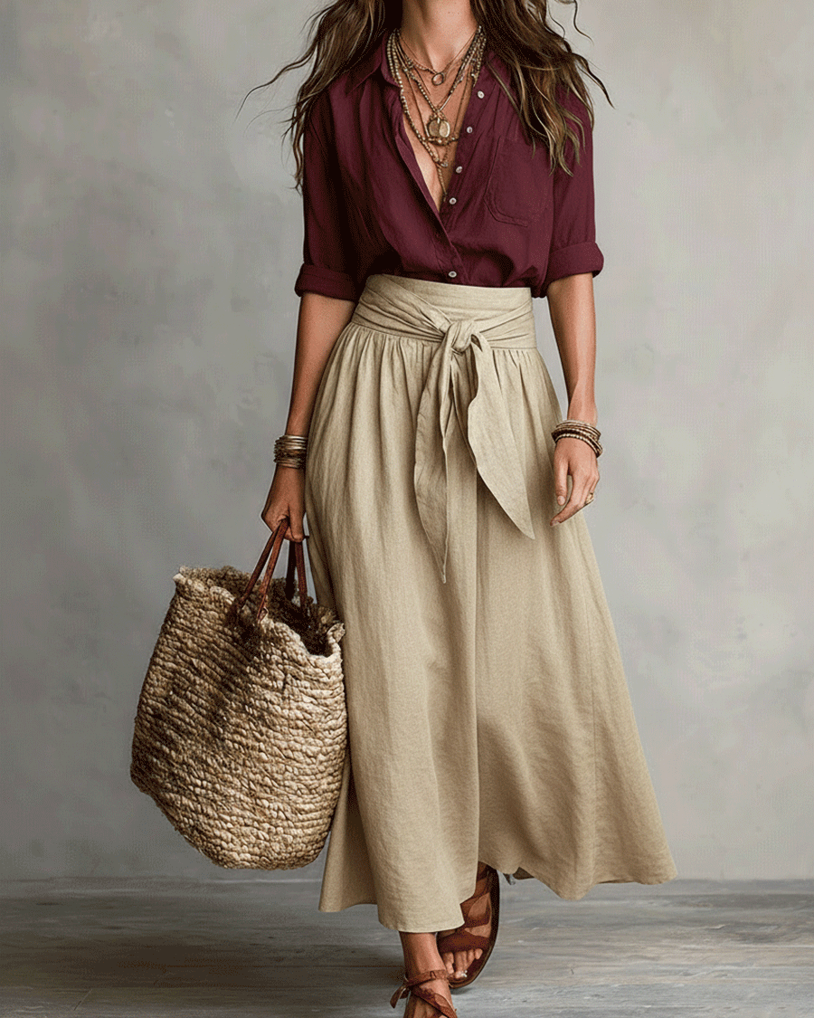 Müheloser Boho-Look: Schwarze Bluse und olivgrüner Satin-Midi-Rock im Set - Rot - Blouse - Concept Fashionlab