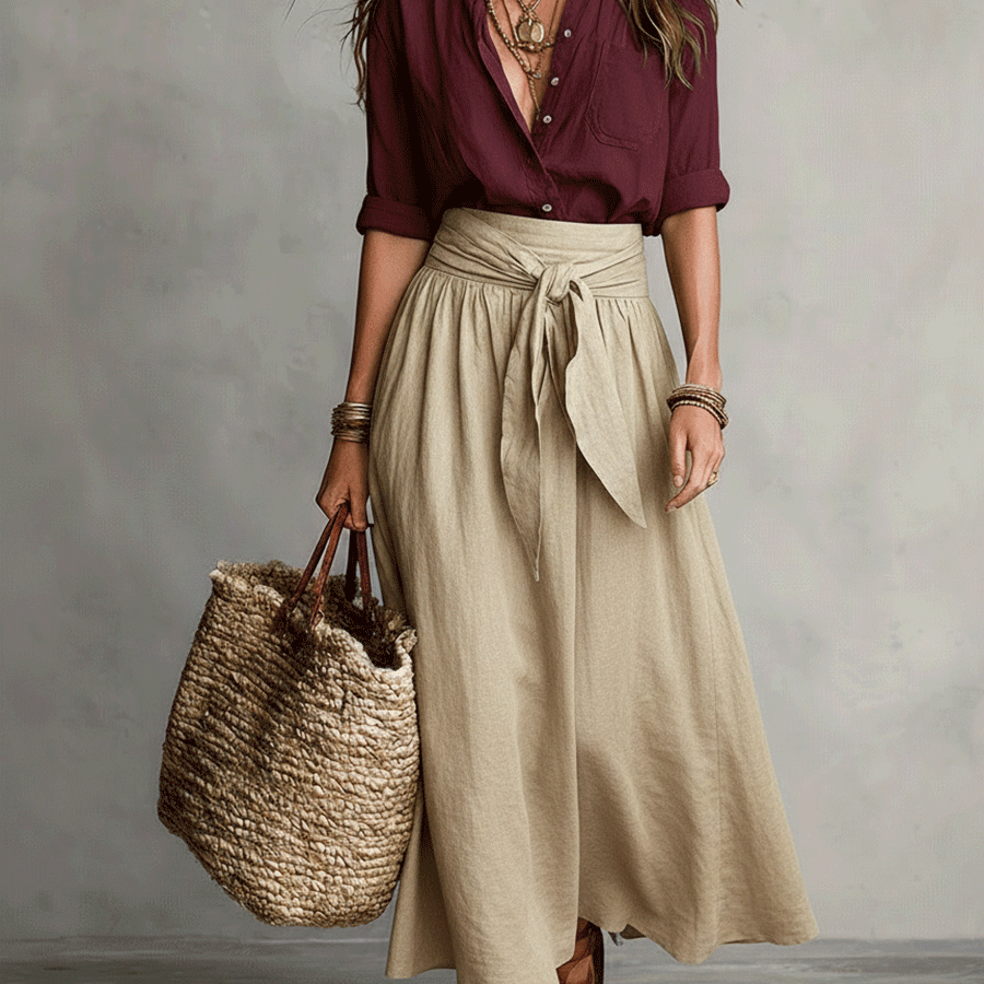 Müheloser Boho-Look: Schwarze Bluse und olivgrüner Satin-Midi-Rock im Set - Rot - Blouse - Concept Fashionlab