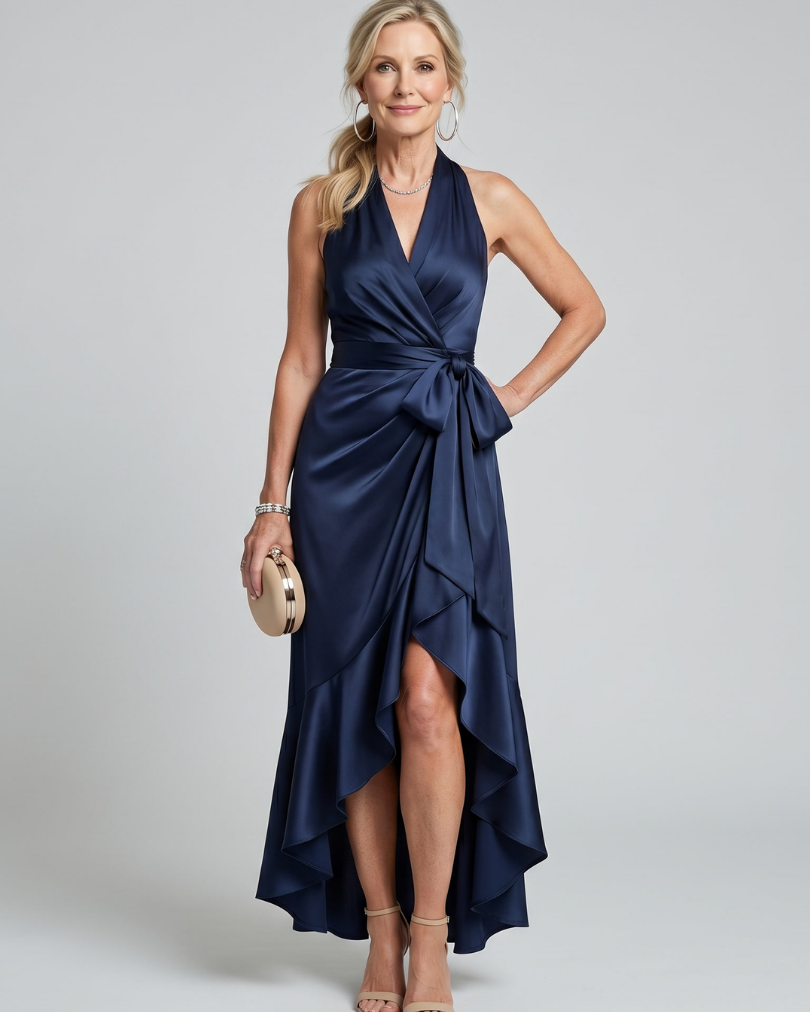 Honora | Neckholder-Wickelkleid mit asymmetrischem Saum - Marine - - DUUWE