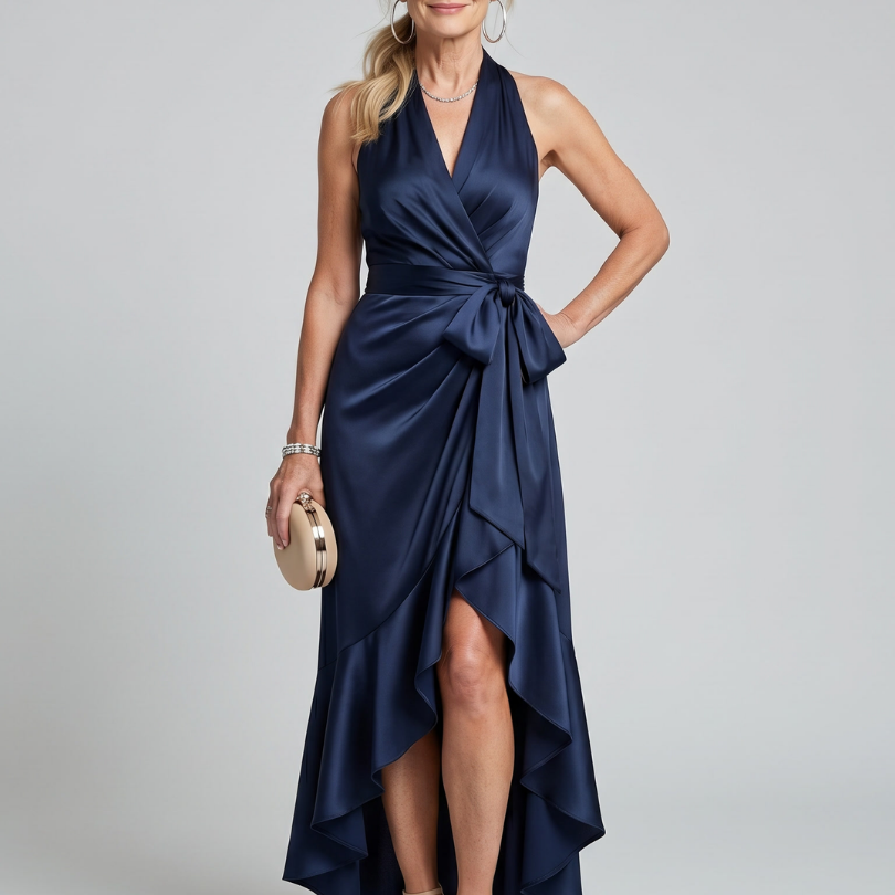 Honora | Neckholder-Wickelkleid mit asymmetrischem Saum - Marine - - DUUWE