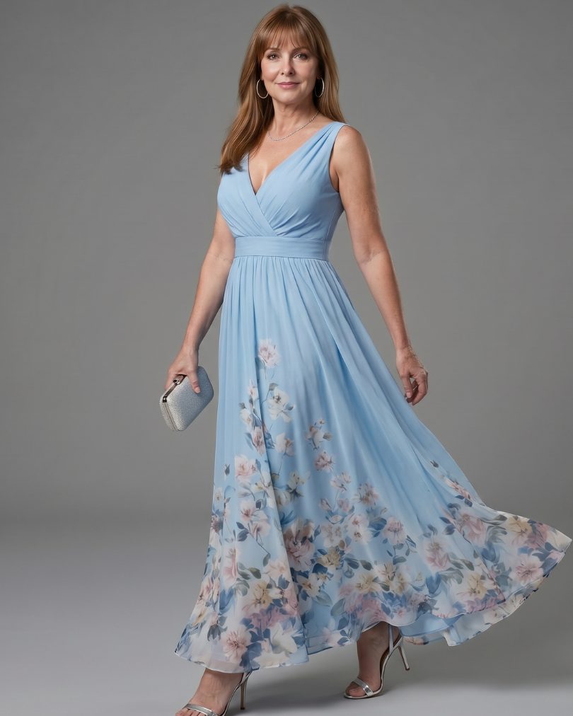 Clarissa | Ärmelloses Midikleid mit V-Ausschnitt und weichem Blumensaum - Himmelblau - - DUUWE