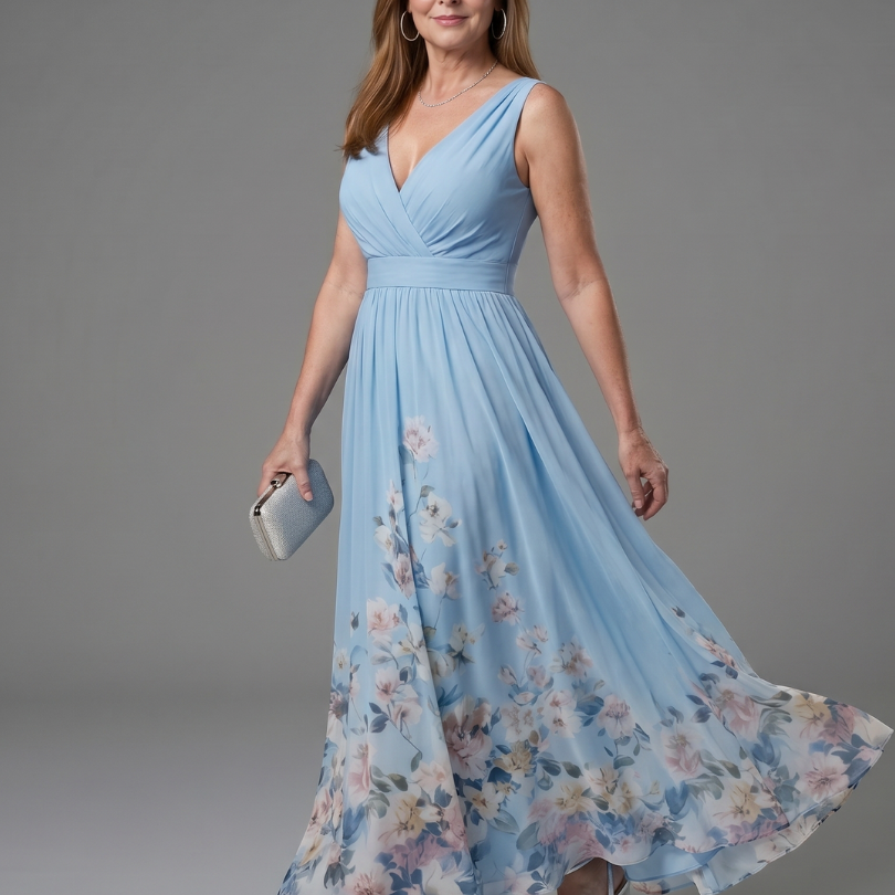 Clarissa | Ärmelloses Midikleid mit V-Ausschnitt und weichem Blumensaum - Himmelblau - - DUUWE