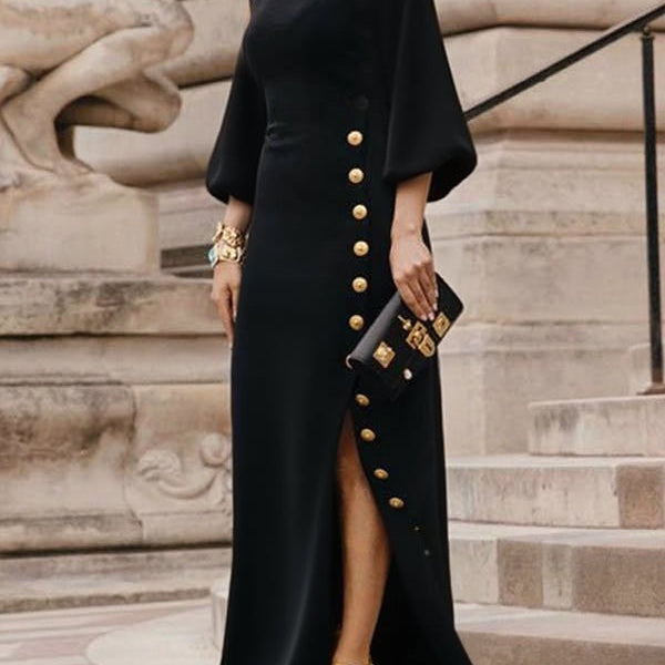 Maxikleider mit Stehkragen, lockeren Puffärmeln, geknöpft und seitlich geschlitzt - SCHWARZ - Maxi Dress - Concept Fashionlab