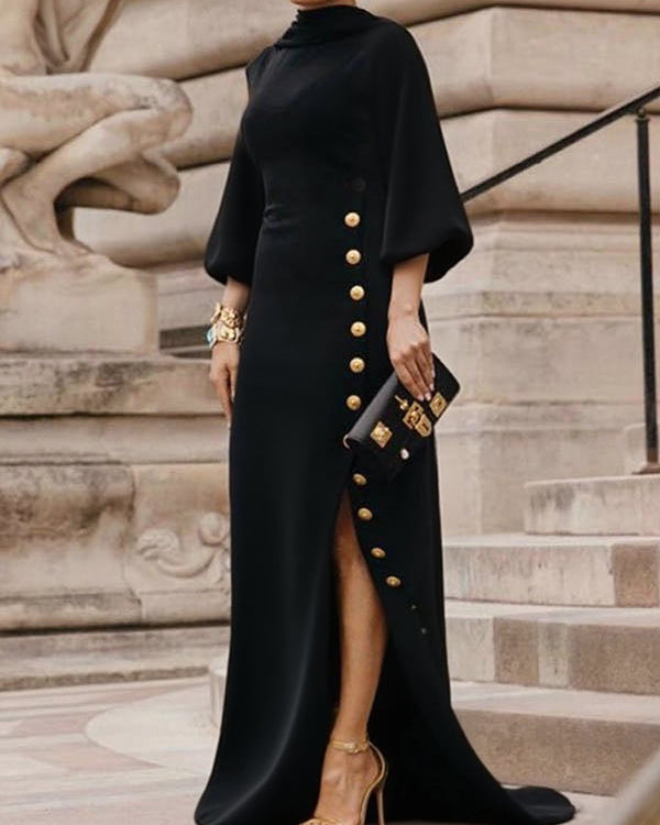 Maxikleider mit Stehkragen, lockeren Puffärmeln, geknöpft und seitlich geschlitzt - SCHWARZ - Maxi Dress - Concept Fashionlab