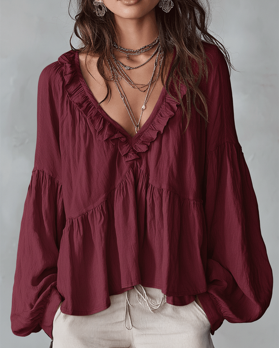 Damen Luftige, vintage-inspirierte Boho-Bluse mit weichen Rüschen - Rot - Damen > Blusen - Concept Fashionlab