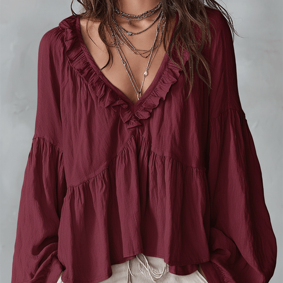 Damen Luftige, vintage-inspirierte Boho-Bluse mit weichen Rüschen - Rot - Damen > Blusen - Concept Fashionlab