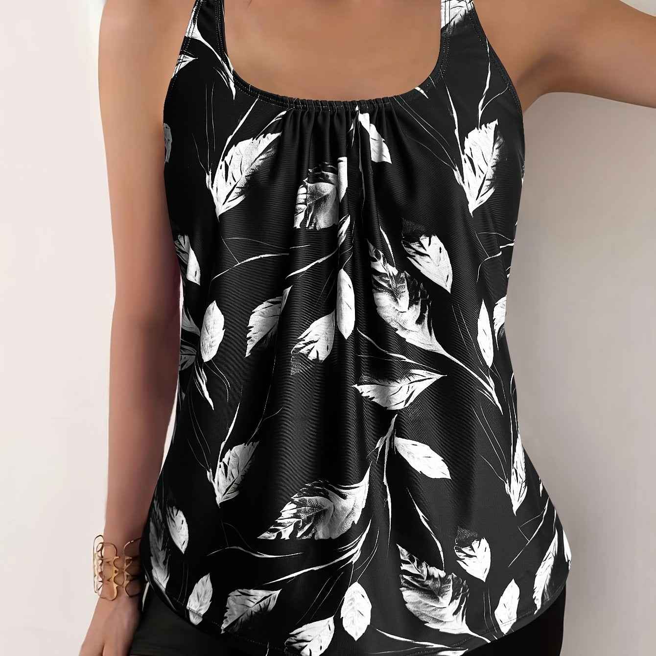 Elise | Elegantes Schwarz-Weiß-Blattmuster-Tankini-Set