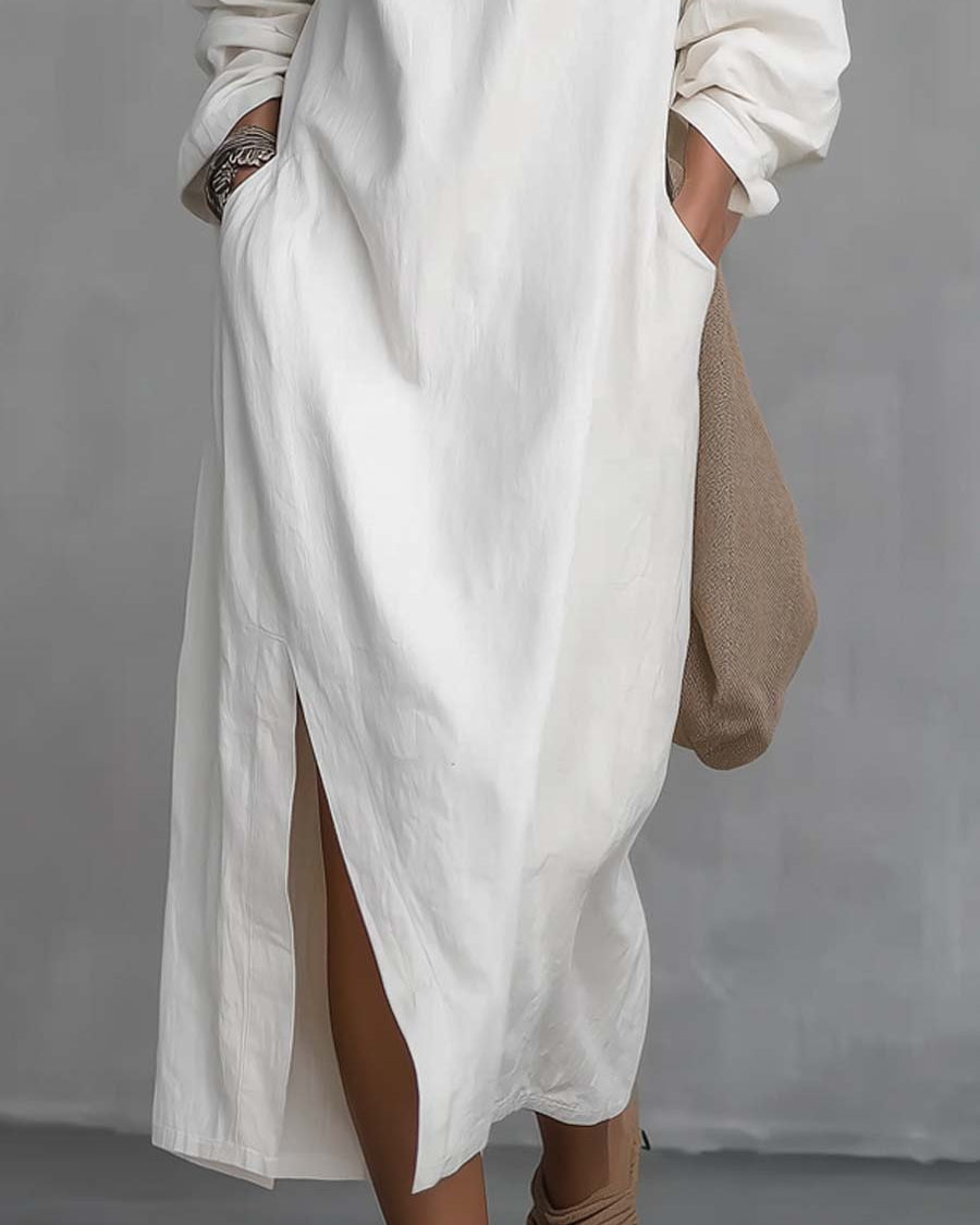 Lockeres Kleid mit einseitigem Träger, Saumschlitz, aus Baumwoll-Leinen-Mischung, Midikleid - - Midi Dress - Concept Fashionlab