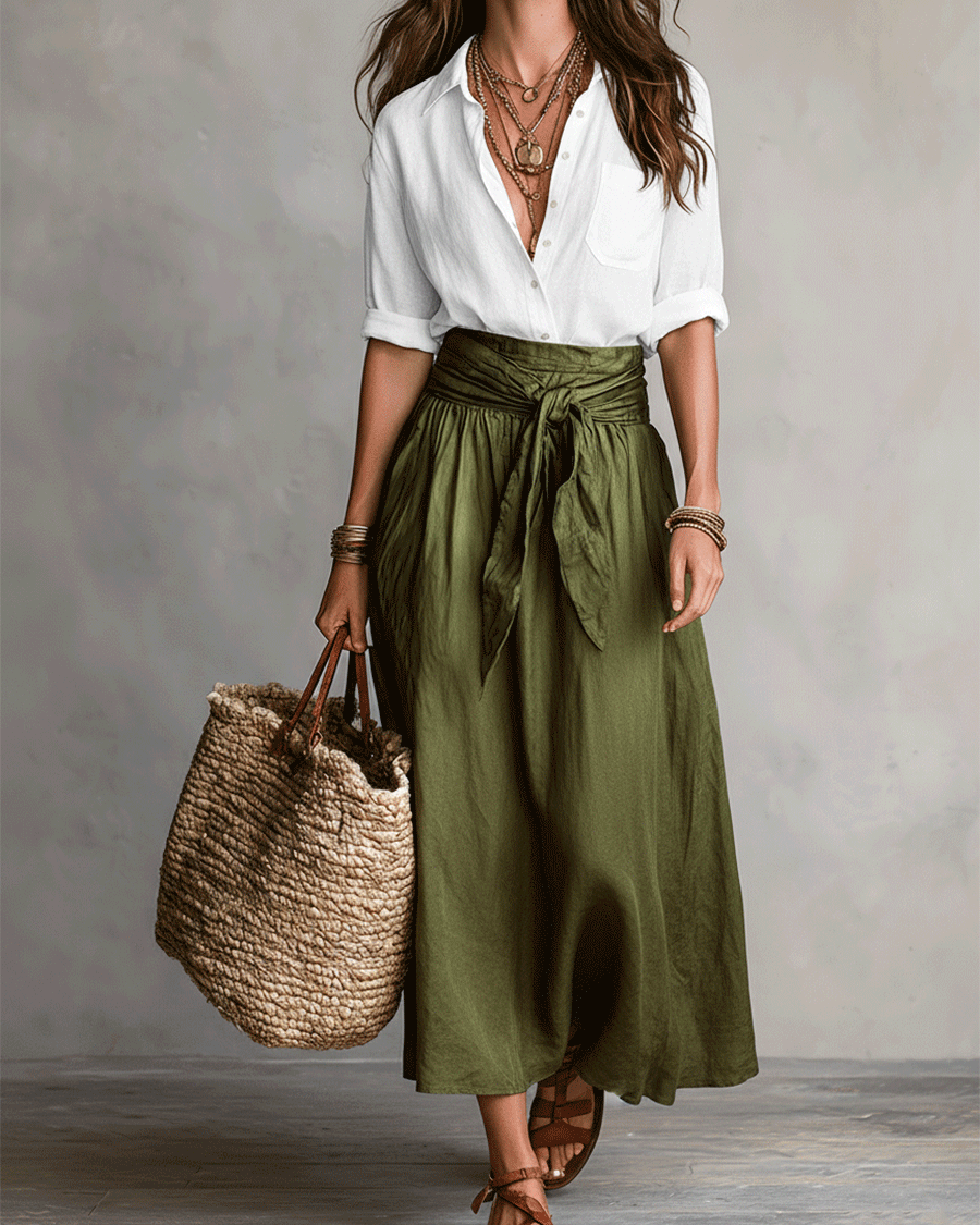 Müheloser Boho-Look: Schwarze Bluse und olivgrüner Satin-Midi-Rock im Set - Grün - Blouse - Concept Fashionlab