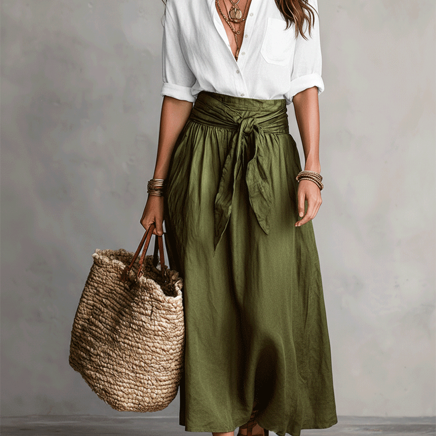 Müheloser Boho-Look: Schwarze Bluse und olivgrüner Satin-Midi-Rock im Set - Grün - Blouse - Concept Fashionlab
