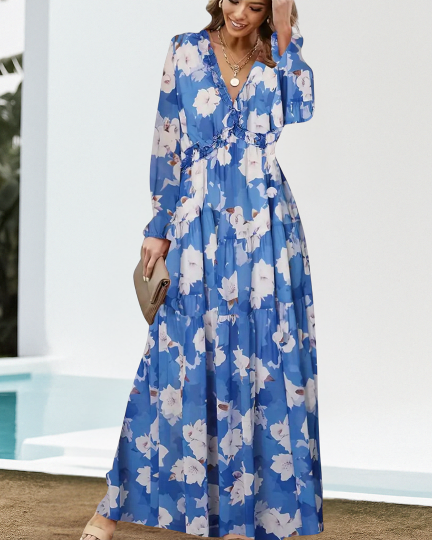Juliana – Elegantes Blumenkleid - Blau - - Cow Clothing