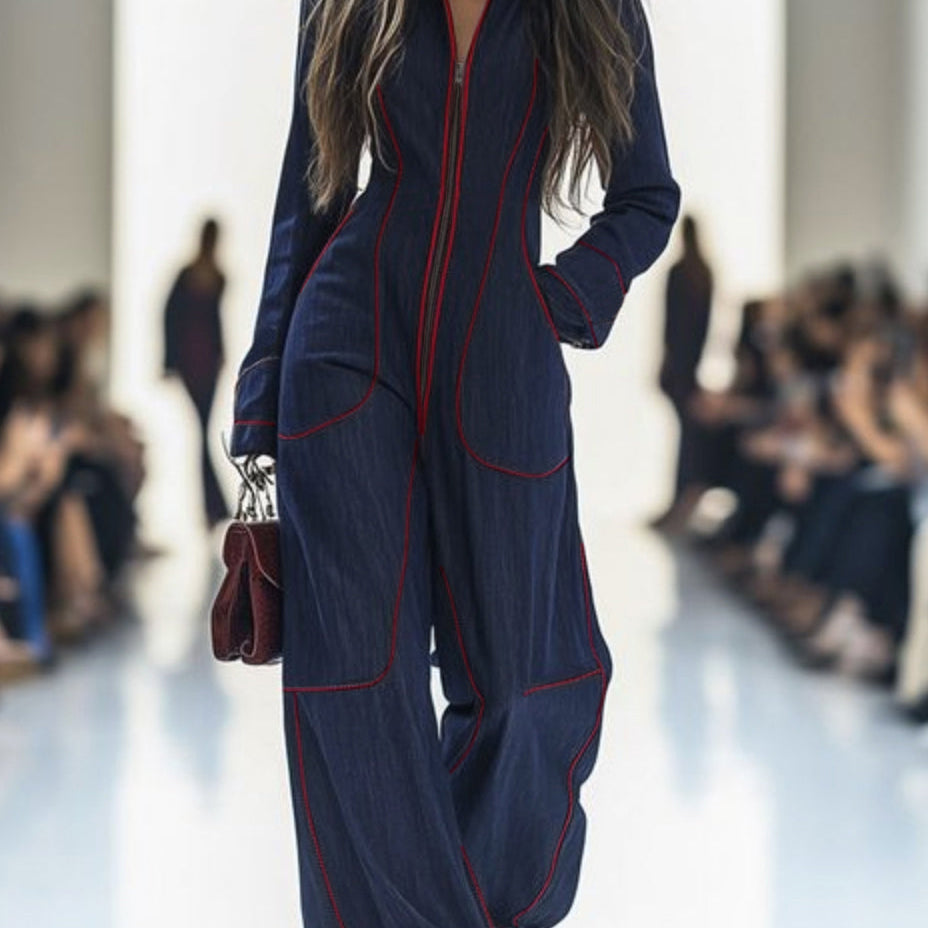 Overall mit Langarm, weitem Bein, Reißverschluss und Stehkragen - TIEFBLAU - Jumpsuits - Concept Fashionlab