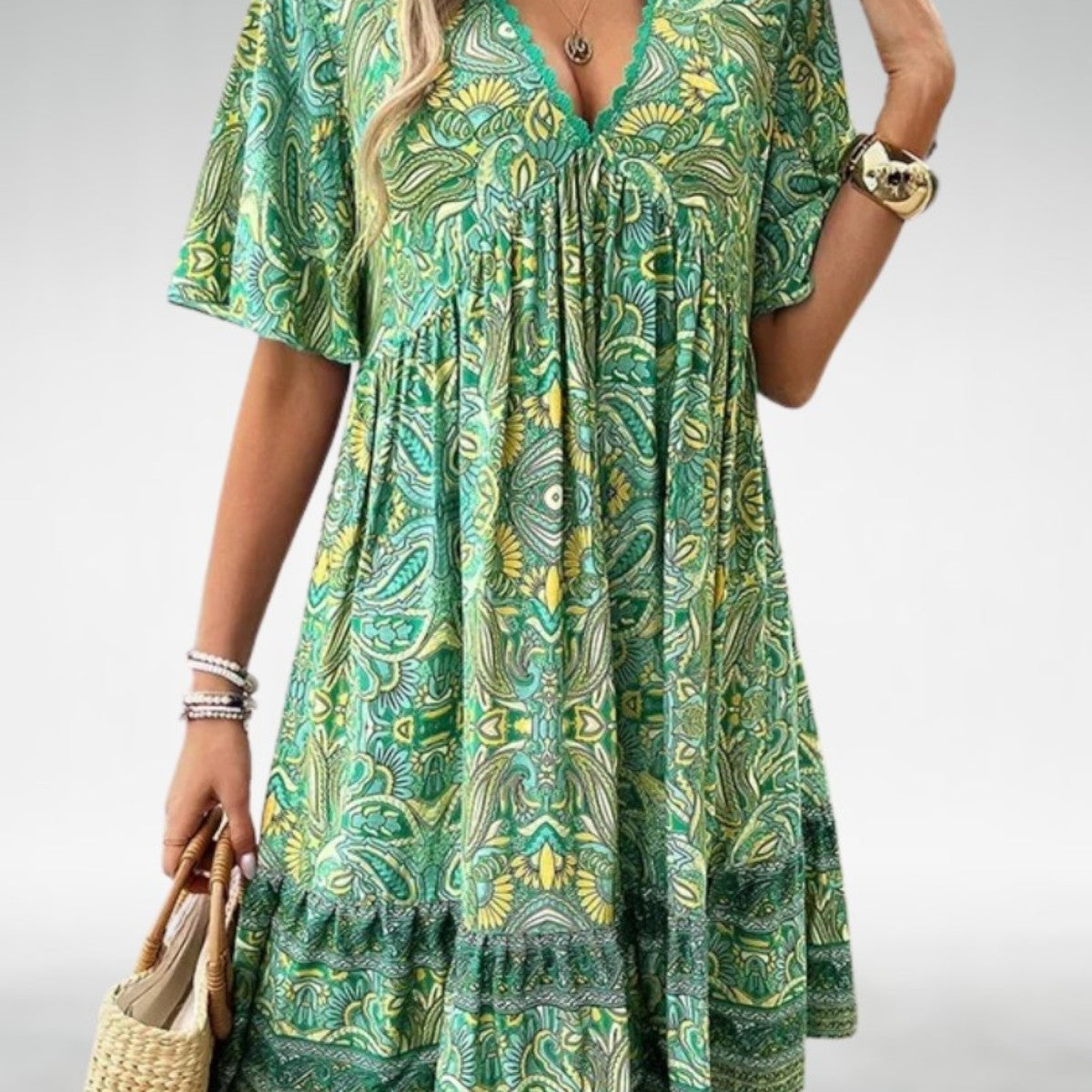 Saylor Bohemischer Paisley-Druck V-Ausschnitt Sommerkleid – Fließender Boho-Chic-Stil für sonnige Tage