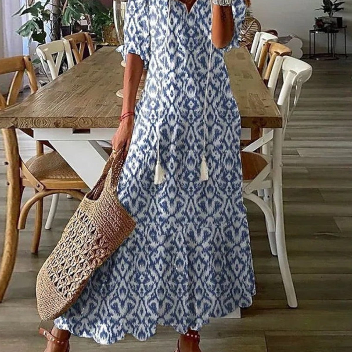 Sophia Boho Vintage V-Ausschnitt Sommerkleid – Müheloser, fließender Stil für Sommertage