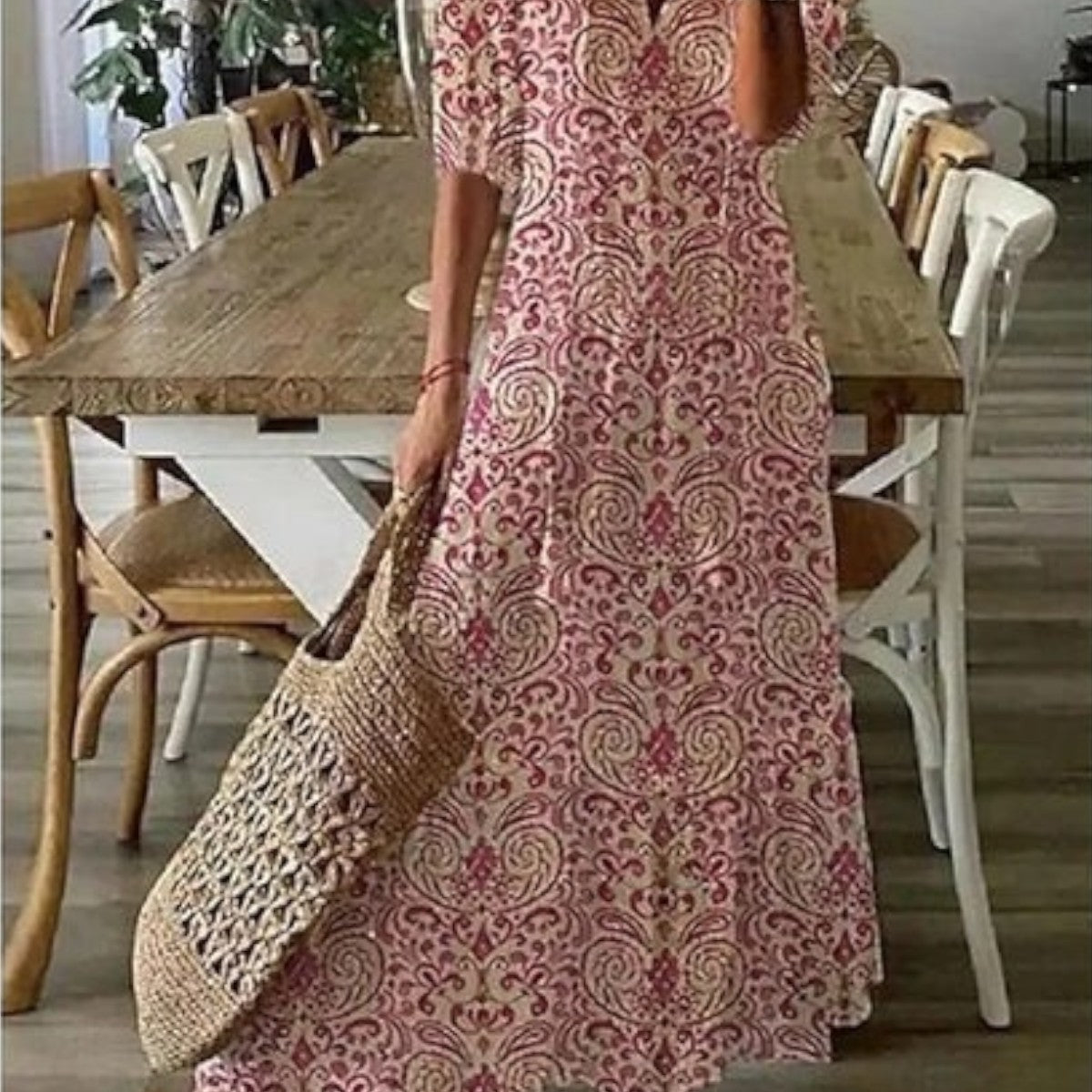 Sophia Boho Vintage V-Ausschnitt Sommerkleid – Müheloser, fließender Stil für Sommertage