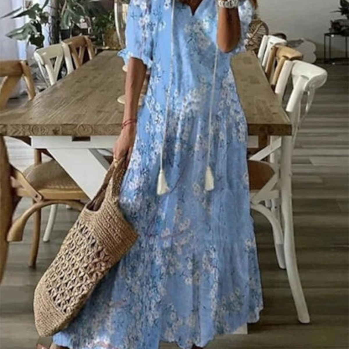 Sophia Boho Vintage V-Ausschnitt Sommerkleid – Müheloser, fließender Stil für Sommertage