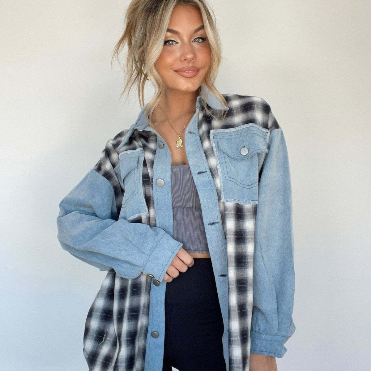 Evie Denim- und Plaid-Hybrid-Hemd