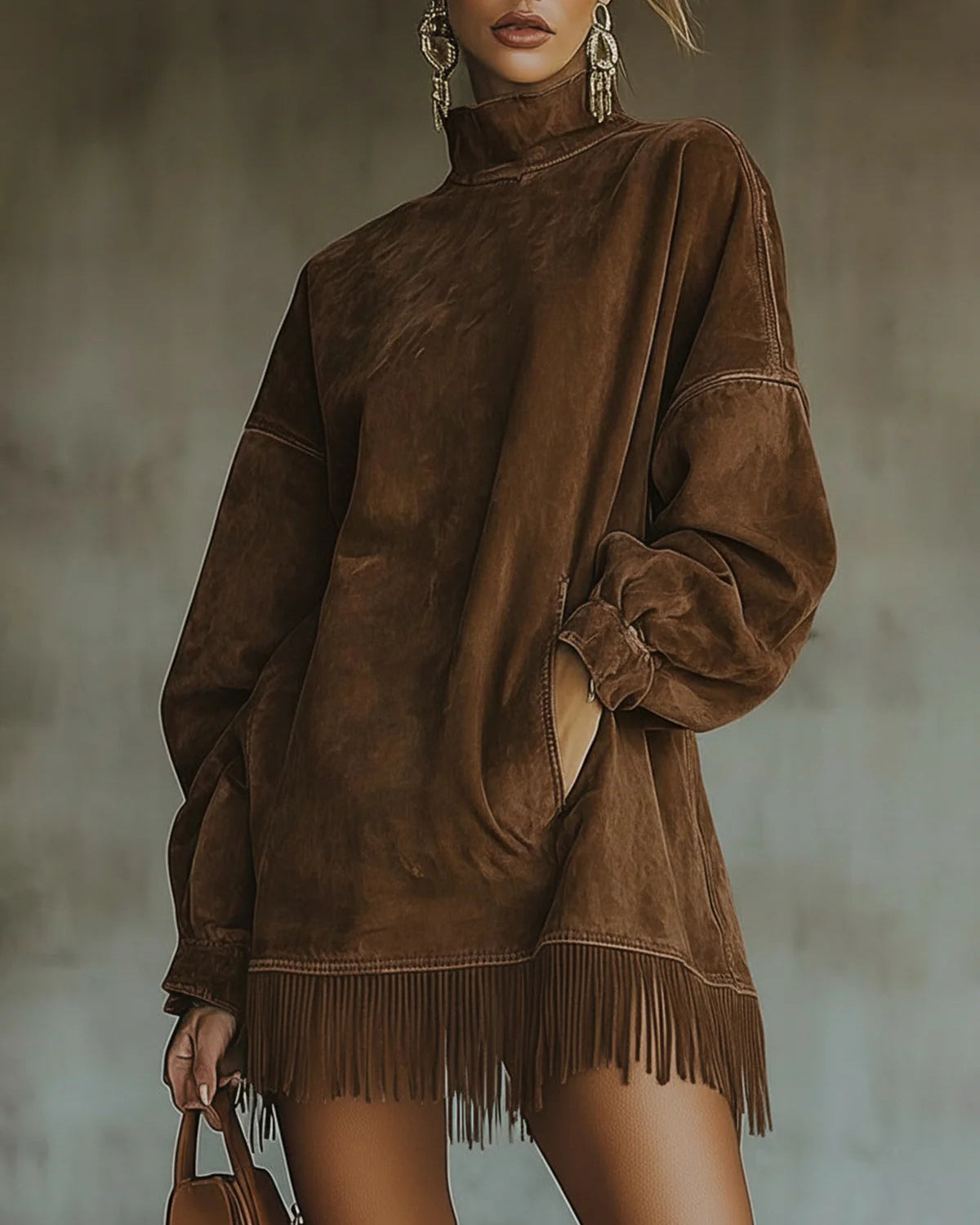 Damen Kuscheliges Wildleder-Fransen-Kleid – Luxuskomfort, müheloser - Braun - Damen > Kleider - Concept Fashionlab