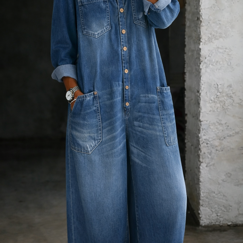 Elena | Schulterfreier, langärmliger Overall - Blau - - Ellison & Kate