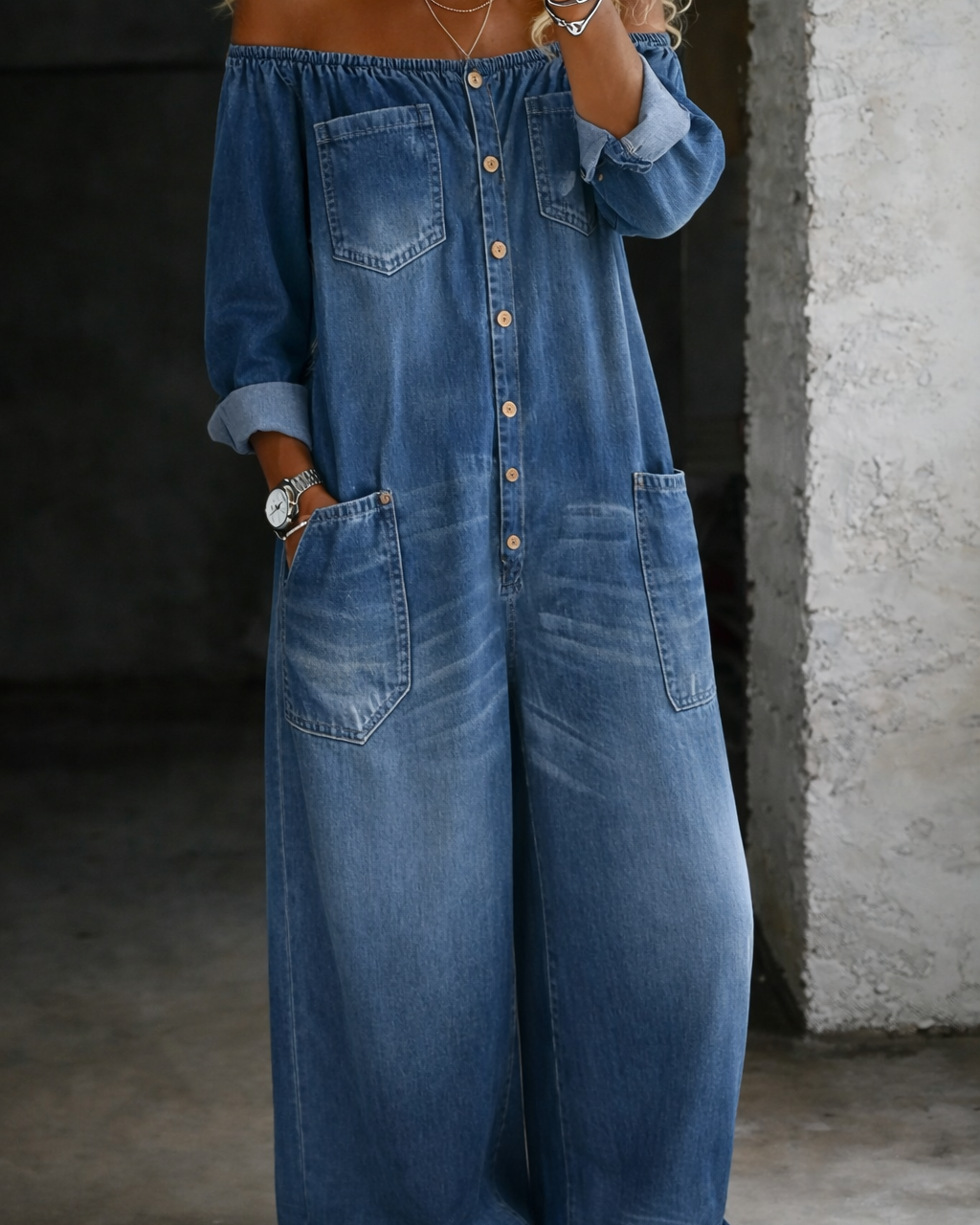 Elena | Schulterfreier, langärmliger Overall - Blau - - Ellison & Kate