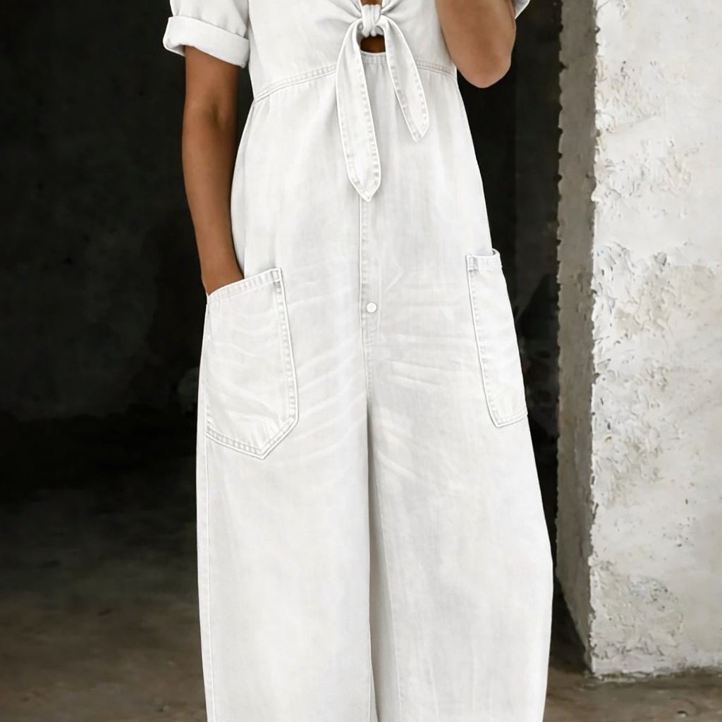 Maya - Lockerer Jeans-Jumpsuit mit Bindedetail vorne