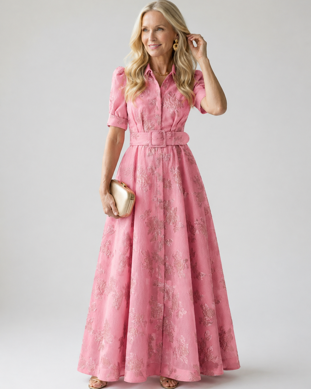 Geblümtes Maxikleid mit Gürtel - Rosa - - DUUWE