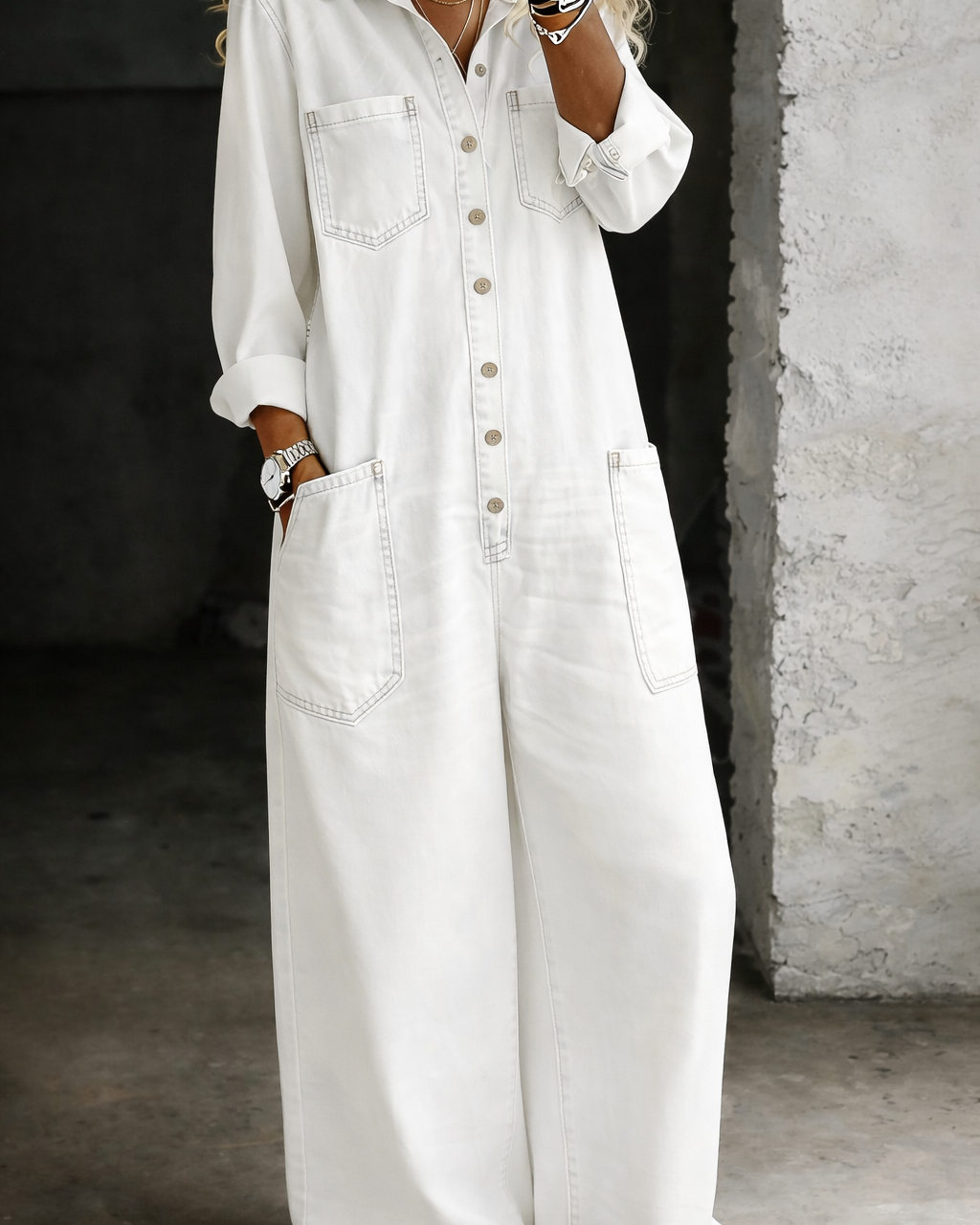 Lena | Lässiger Komfort Jumpsuit - Weiß - - Denim Collection