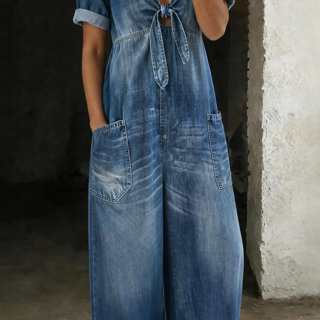 Maya - Lockerer Jeans-Jumpsuit mit Bindedetail vorne