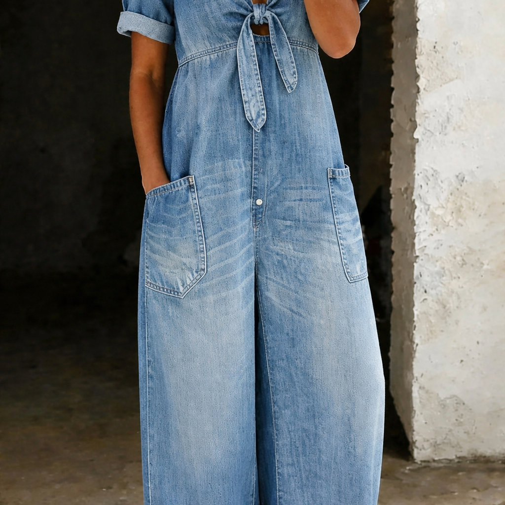 Maya - Lockerer Jeans-Jumpsuit mit Bindedetail vorne