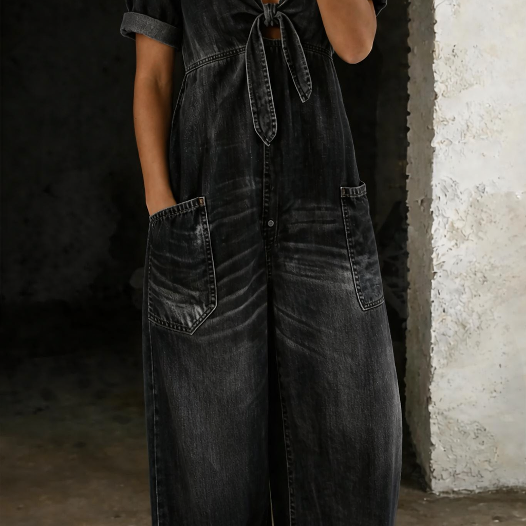 Maya - Lockerer Jeans-Jumpsuit mit Bindedetail vorne