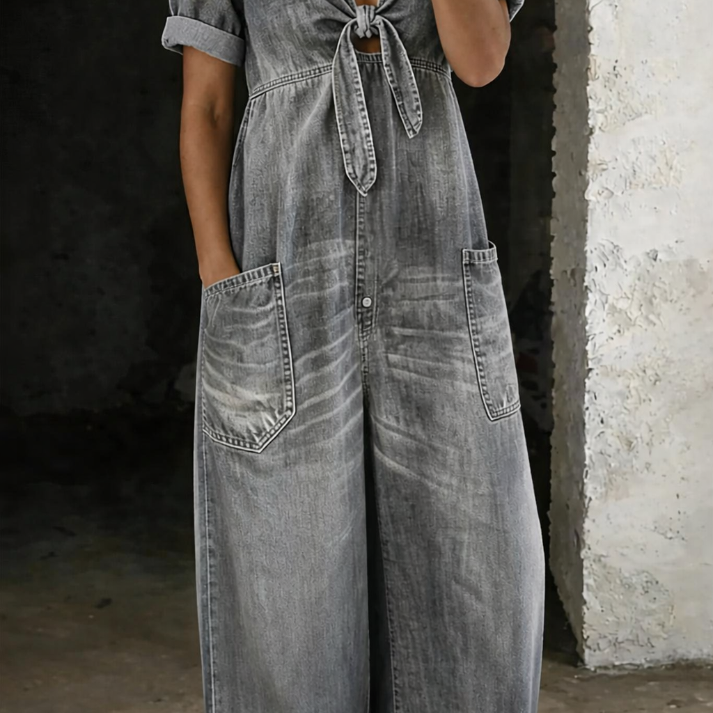 Maya - Lockerer Jeans-Jumpsuit mit Bindedetail vorne