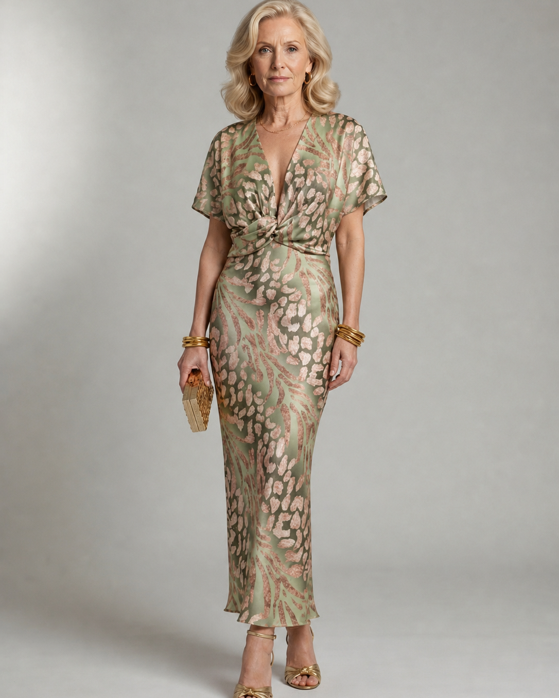 Abstraktes Print-Midikleid mit V-Ausschnitt und verdrehter Taille - - - DUUWE