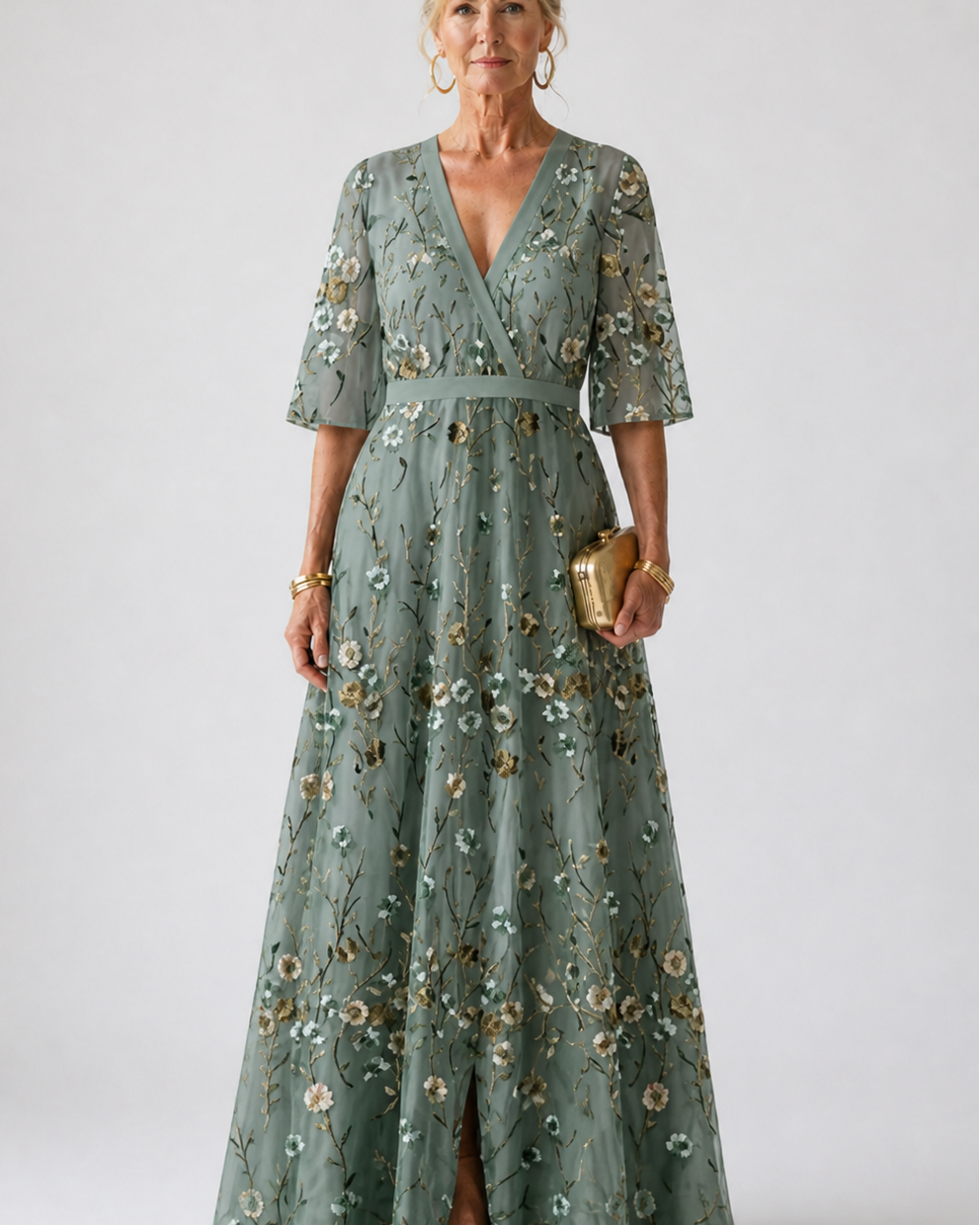 Kurzärmliges Maxikleid mit Blumenmuster und V-Ausschnitt - - - DUUWE