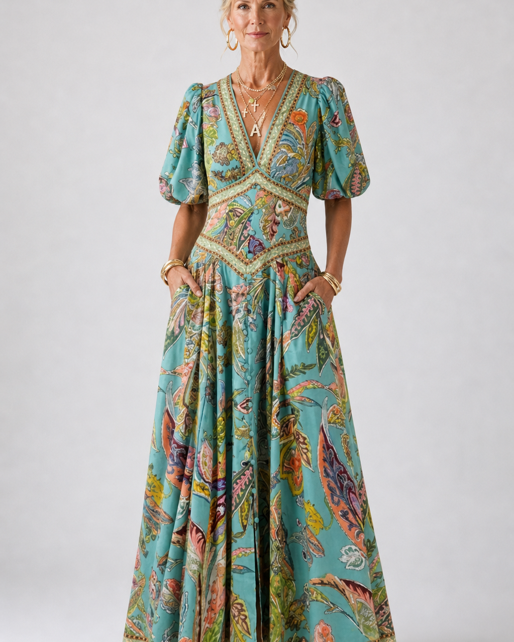 Luftiges Maxikleid mit Puffärmeln und V-Ausschnitt - - voor vrouwen - DUUWE
